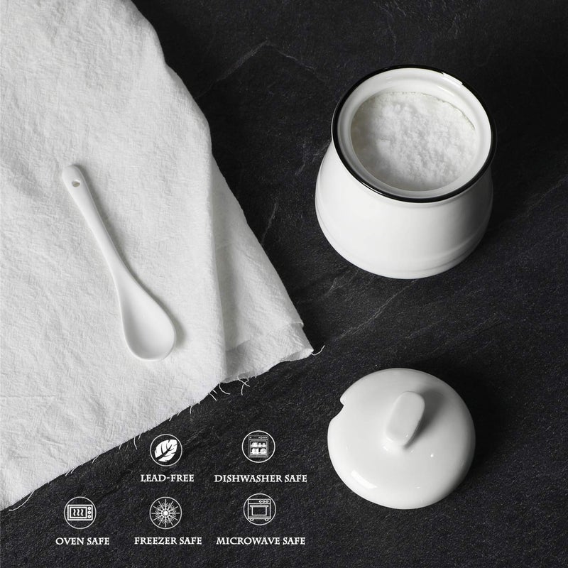 HAOTOP وعاء ملح خزفي HAOTOP مع غطاء وملعقة، وعاء سكر سيراميك 12 أونصة (أبيض) - Image 3